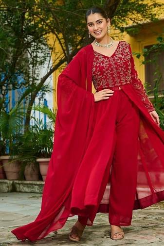 Maroon faux blooming multithread beads embroidered gown set with matching bottom & dupatta     stitched ensemble