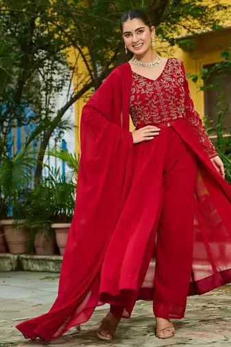 Maroon faux blooming multithread beads embroidered gown set with matching bottom & dupatta     stitched ensemble