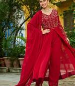 Maroon faux blooming multithread beads embroidered gown set with matching bottom & dupatta     stitched ensemble