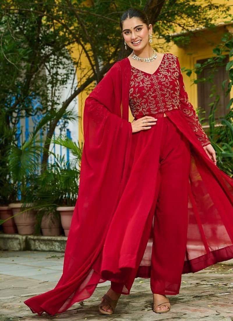 Maroon faux blooming multithread beads embroidered gown set with matching bottom & dupatta     stitched ensemble