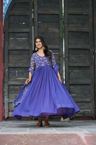 Purple premium faux blooming sequins & multithread beads embroidered gown with designer dupatta