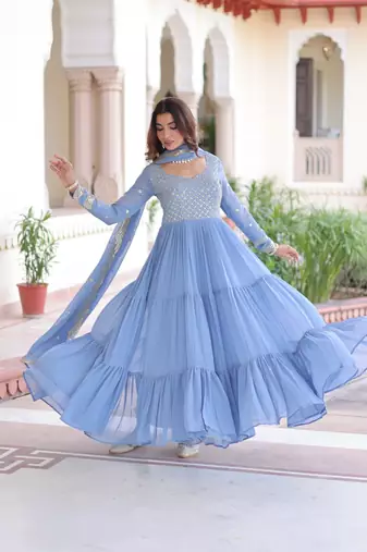 Mita sky blue faux georgette sequins zari embroidered gown with dupatta