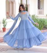 Mita sky blue faux georgette sequins zari embroidered gown with dupatta