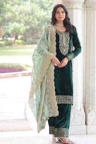 Eilara wedding special velvet with rich sequins embrodered kurti pant with fendy dupatta