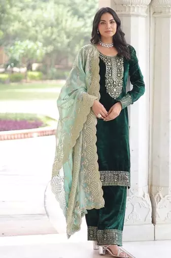 Eilara wedding special velvet with rich sequins embrodered kurti pant with fendy dupatta