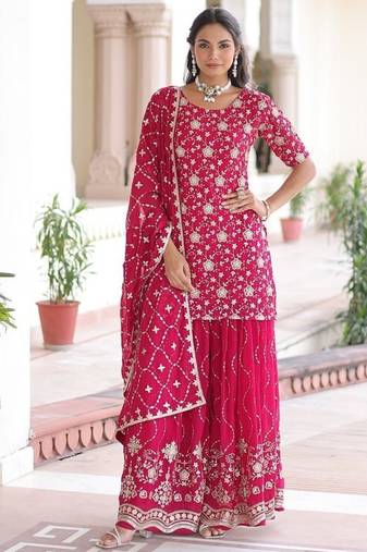 Rani pink faux georgette embroidered ready to wear palazzo suit
