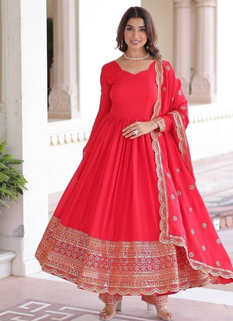 Red vichitra silk embroidered gown set with sequins work, dupatta & bottom     full sleeves, fancy v-neck, 3-meter flair