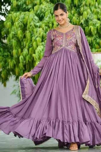 Lavender vichitra silk embroidered sequins anarkali suit festive wear