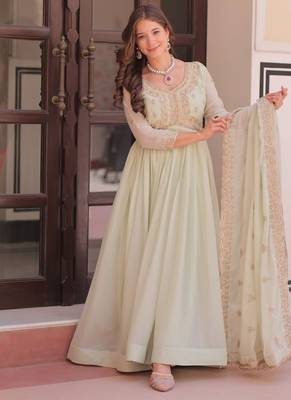 Pista green star georgette beads sequins embroidery gown with dupatta 1