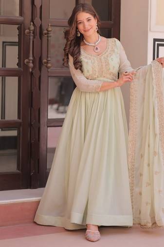 Pista green star georgette beads sequins embroidery gown with dupatta