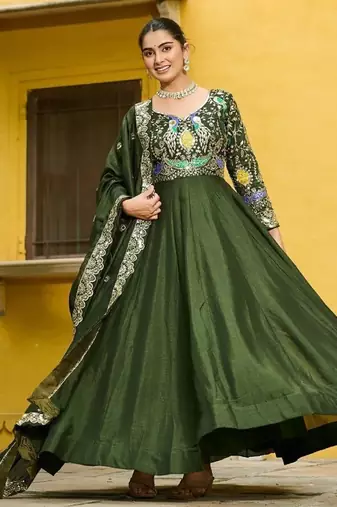 Mehendi vichitra fabric gown with multi-thread & zari embroidery     12 kali stitch, full sleeves