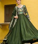 Mehendi vichitra fabric gown with multi-thread & zari embroidery     12 kali stitch, full sleeves