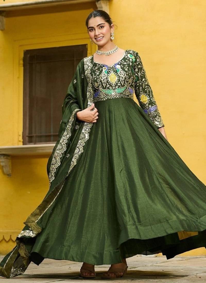 Mehendi vichitra fabric gown with multi-thread & zari embroidery     12 kali stitch, full sleeves