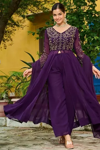 Wine faux blooming multithread beads embroidered gown set with matching bottom & dupatta     stitched ensemble