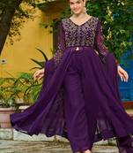 Wine faux blooming multithread beads embroidered gown set with matching bottom & dupatta     stitched ensemble