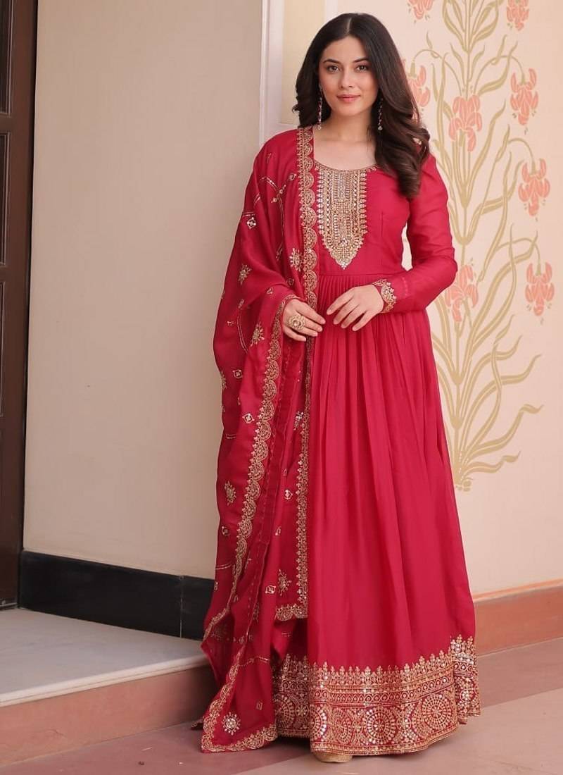 Maroon star georgette zari sequins embroidered gown with dupatta