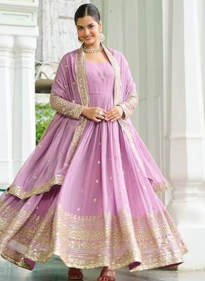 Lavender designer dusty-tone faux georgette gown with embroidery & sequins dupatta 1