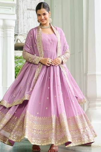 Lavender designer dusty-tone faux georgette gown with embroidery & sequins dupatta