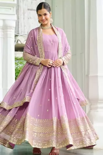 Lavender designer dusty-tone faux georgette gown with embroidery & sequins dupatta