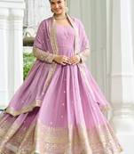 Lavender designer dusty-tone faux georgette gown with embroidery & sequins dupatta