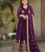 Royal purple georgette zari and sequins embroidered gown with dupatta