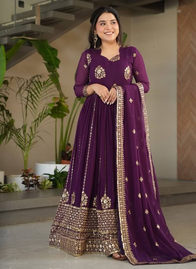 Royal purple georgette zari and sequins embroidered gown with dupatta