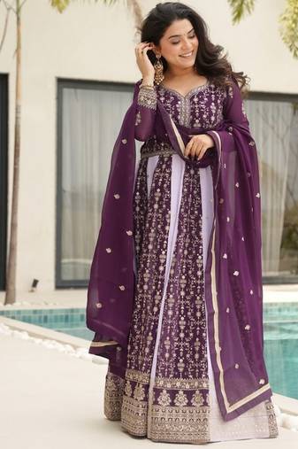 Wine faux georgette anarkali suit with zari sequins embroidery festive wear