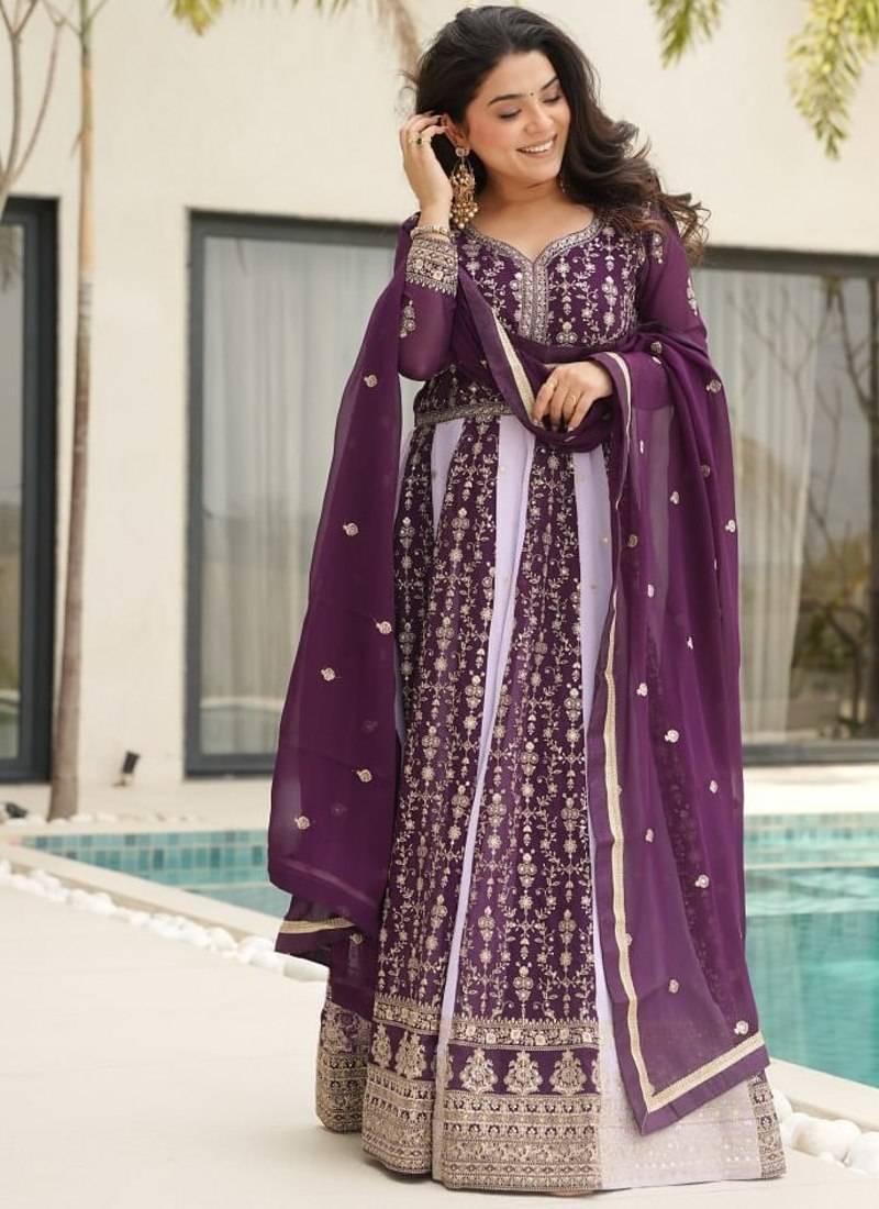 Wine faux georgette anarkali suit with zari sequins embroidery festive wear