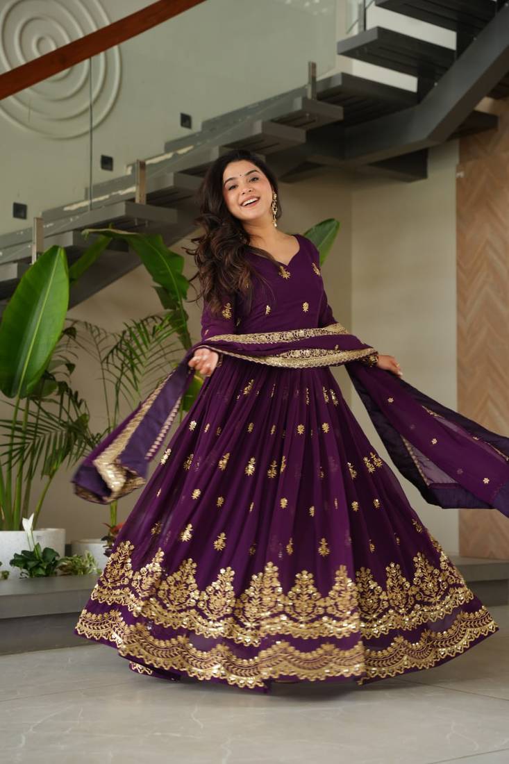 Purple faux georgette zari sequins embroidered anarkali suit festive wear