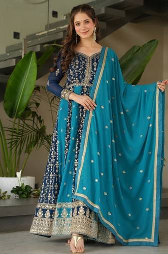 Teal faux georgette anarkali suit with zari sequins embroidery festive wear