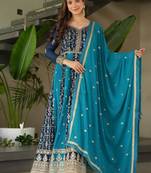 Teal faux georgette anarkali suit with zari sequins embroidery festive wear