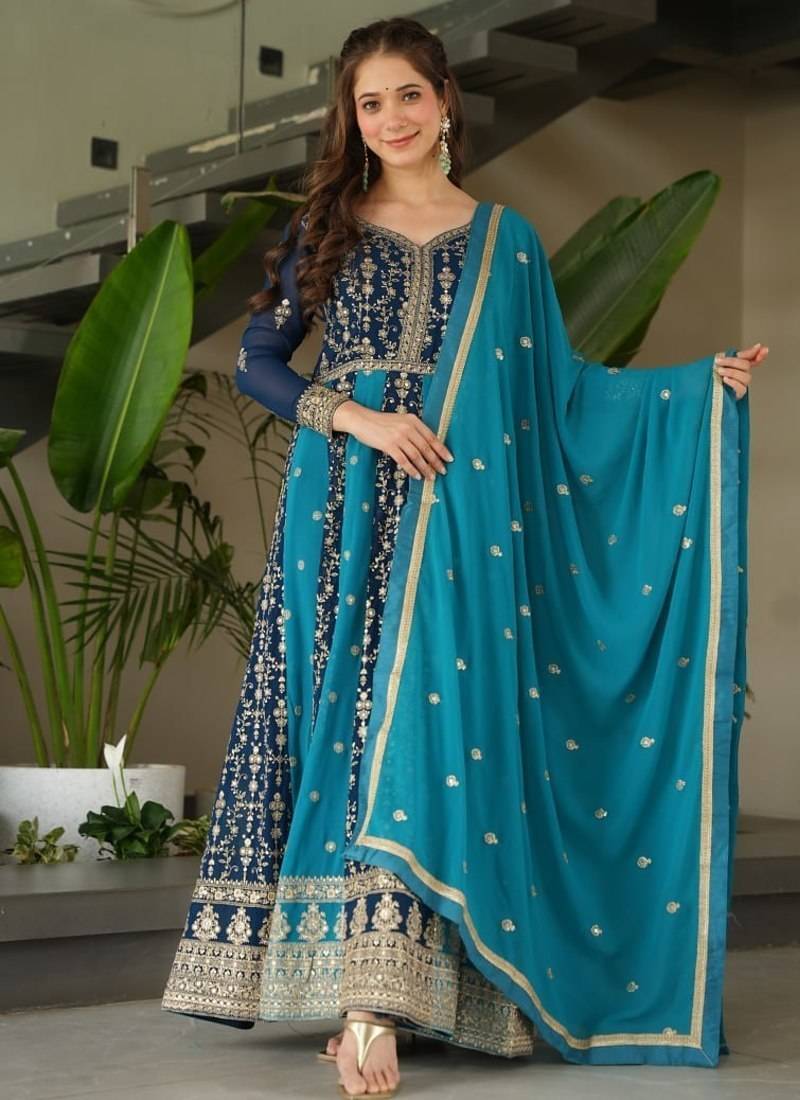 Teal faux georgette anarkali suit with zari sequins embroidery festive wear