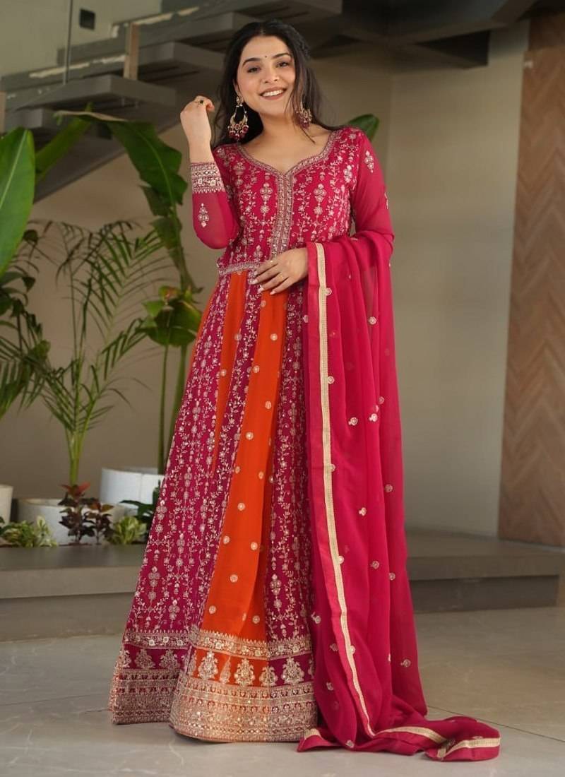 Pink faux georgette anarkali suit with zari sequins embroidery festive wear
