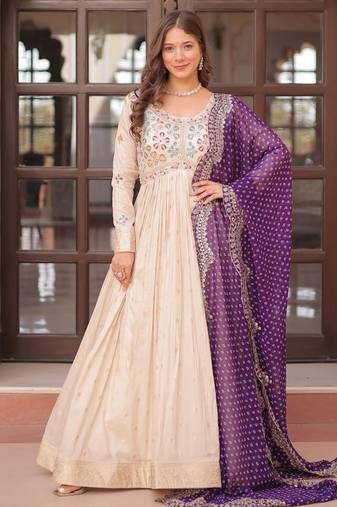 Off-white jacquard gown with purple dupatta
