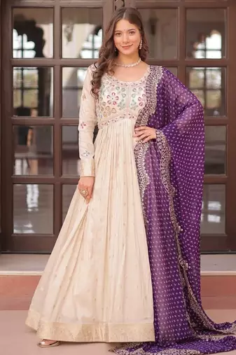 Off-white jacquard gown with purple dupatta