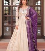 Off-white jacquard gown with purple dupatta