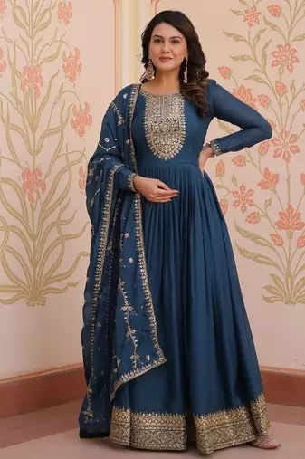 Rama blue star georgette zari sequins embroidered gown with dupatta