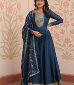 Rama blue star georgette zari sequins embroidered gown with dupatta
