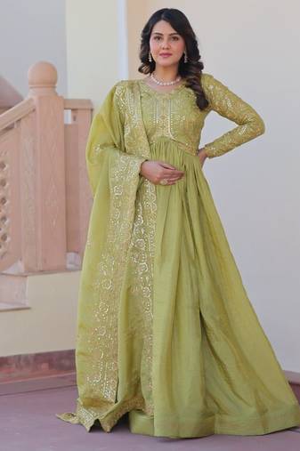 Green gold crush fabric embroidered gown set with matching dupatta     sequins & multi thread work