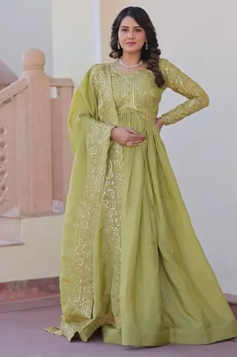 Green gold crush fabric embroidered gown set with matching dupatta     sequins & multi thread work