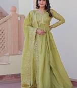 Green gold crush fabric embroidered gown set with matching dupatta     sequins & multi thread work