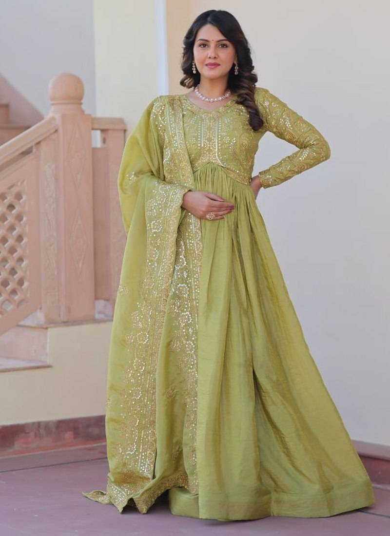 Green gold crush fabric embroidered gown set with matching dupatta     sequins & multi thread work