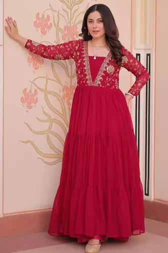 Rani pink faux blooming embroidered sequins zari work gown