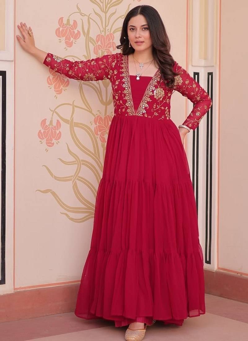 Rani pink faux blooming embroidered sequins zari work gown