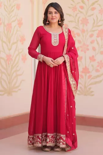 Rani pink designer faux georgette gown with zari & sequins embroidery and embroidered dupatta     luxury ethnic set