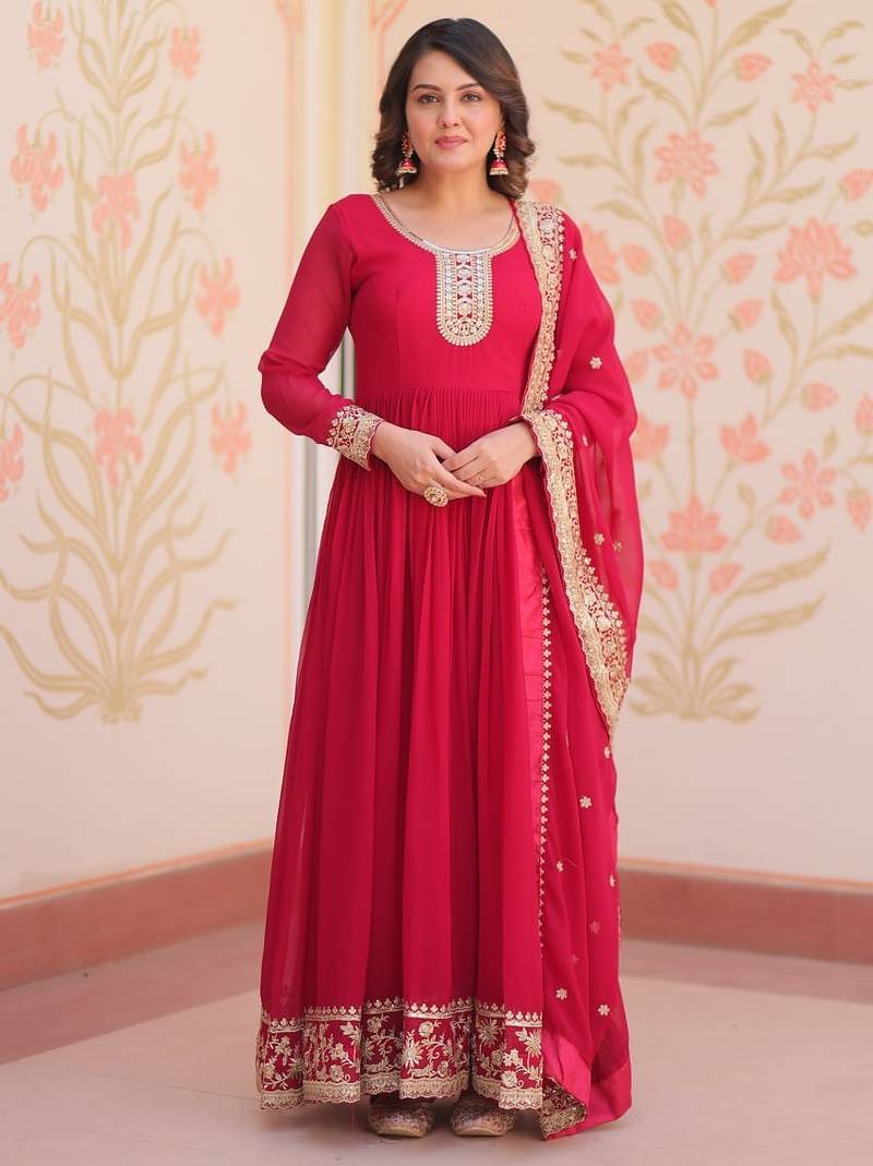 Rani pink designer faux georgette gown with zari & sequins embroidery and embroidered dupatta     luxury ethnic set