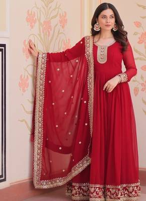 Maroon designer faux georgette gown with zari & sequins embroidery and embroidered dupatta     luxury ethnic set 1