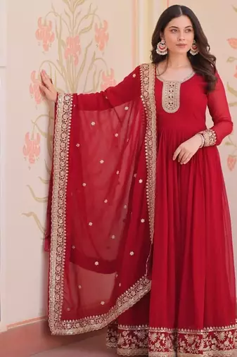 Maroon designer faux georgette gown with zari & sequins embroidery and embroidered dupatta     luxury ethnic set