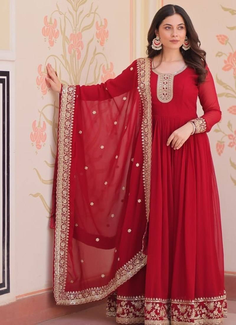Maroon designer faux georgette gown with zari & sequins embroidery and embroidered dupatta     luxury ethnic set