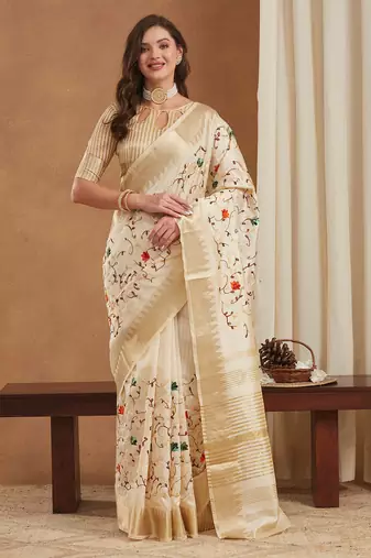 assam cotton art silk embroidered zari temple border saree with blouse.
